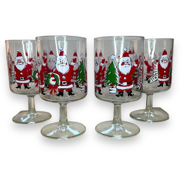 Vintage Clear Glass‎ Christmas Santa Wine Glasses 6" Tall Set of 4 - Picture 1 of 6